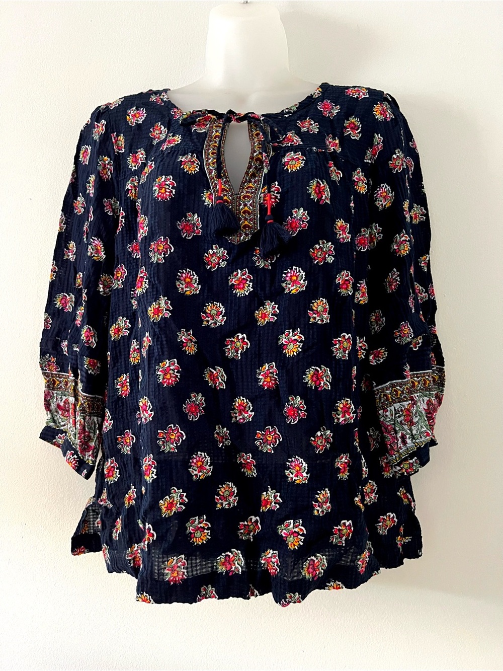 LOFT Navy Floral Tassel Peasant Tunic